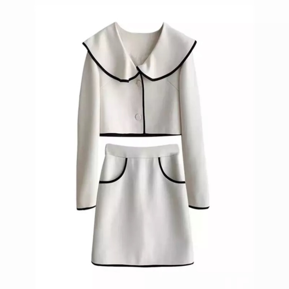 Cropped White Blazer and Skirt Set with Black Trim